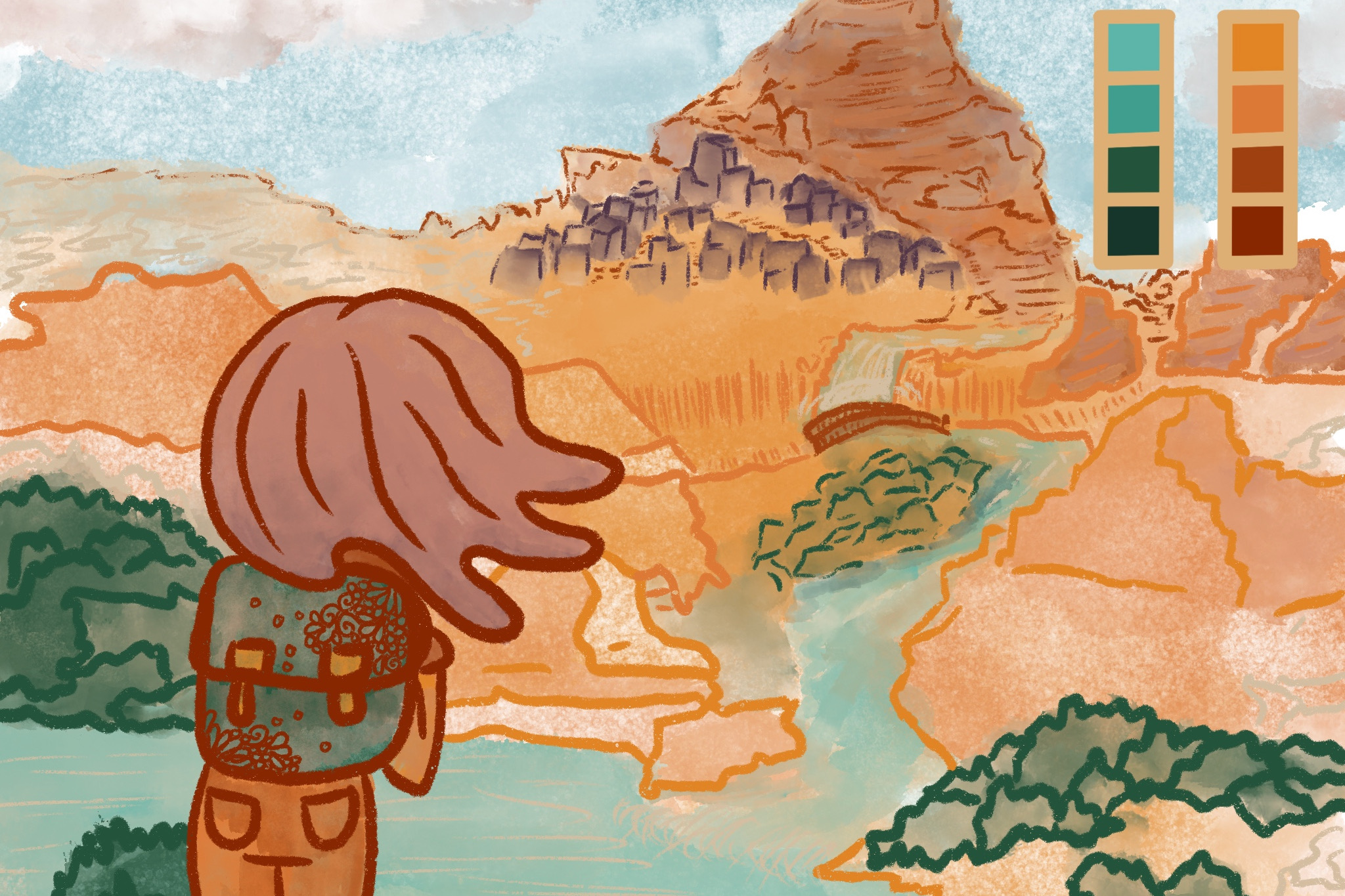 Digital illustration of a traveler looking at a city in the distance.